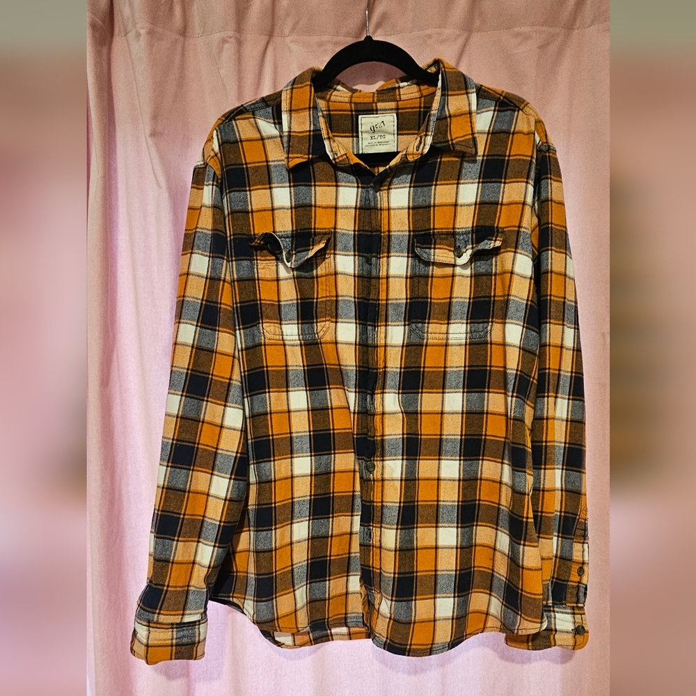 Men's Plaid Flannel Shirt - Orange and Navy
